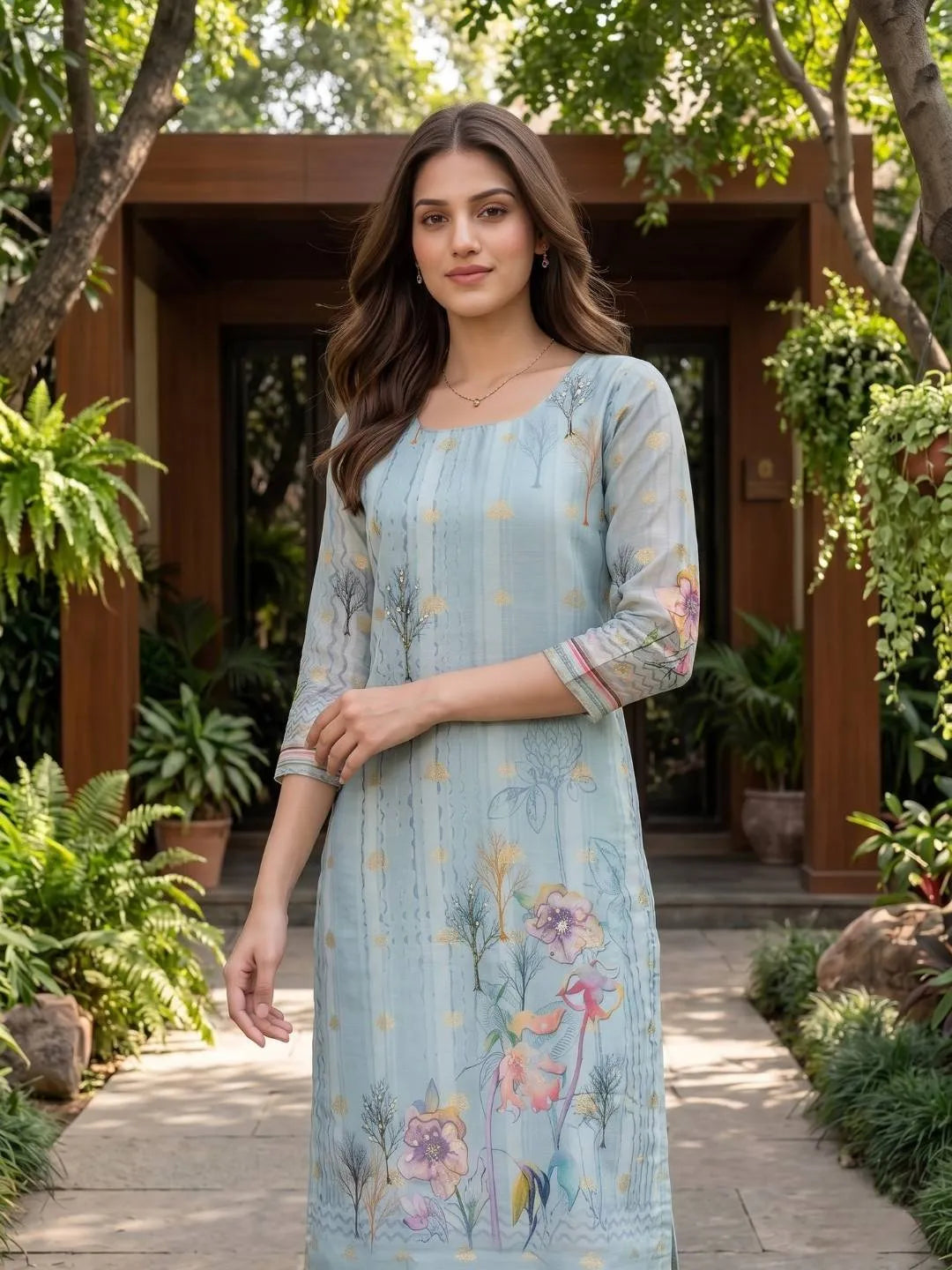 Printed Straight Cut 3Pc Suit Set - Solid Pants - Printed Dupatta