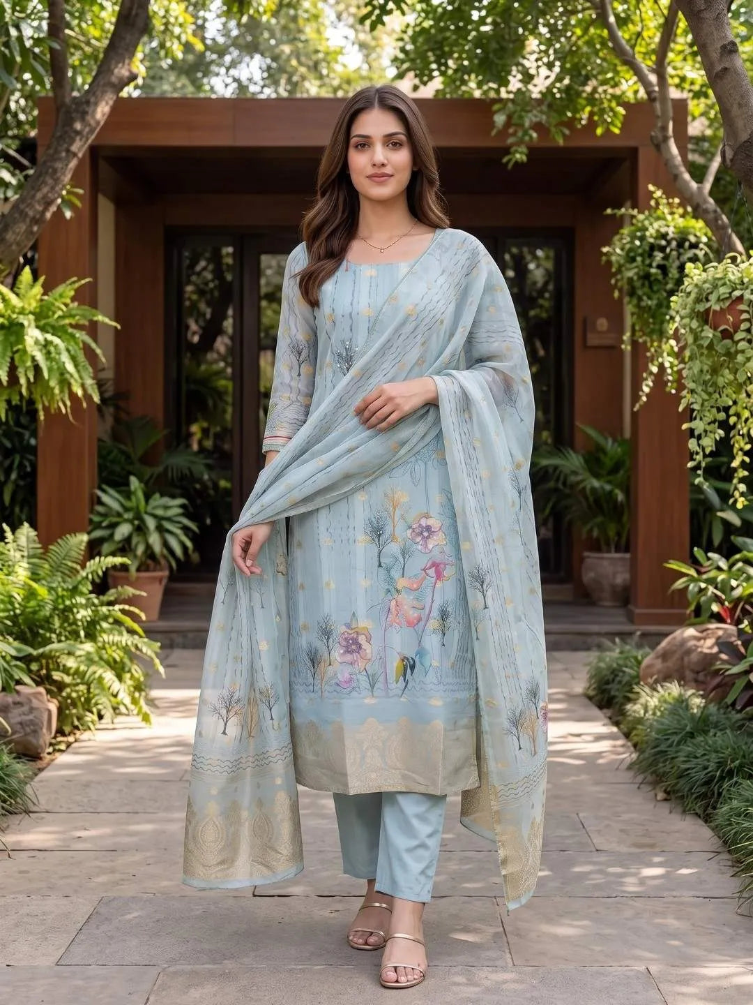 Printed Straight Cut 3Pc Suit Set - Solid Pants - Printed Dupatta